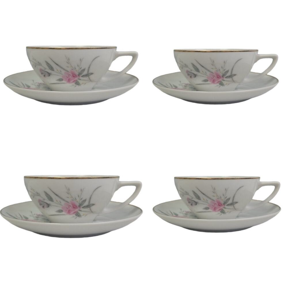 Set of 4 Vintage Golden Rose Flower Gold Rim Fine China Japan Teacups Saucers